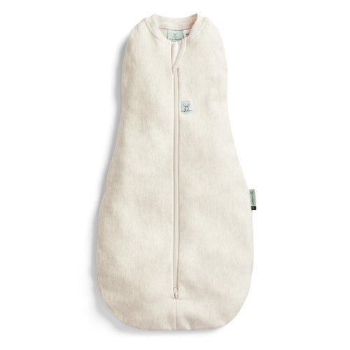 Beige baby swaddle bag with a zipper on a light gray background