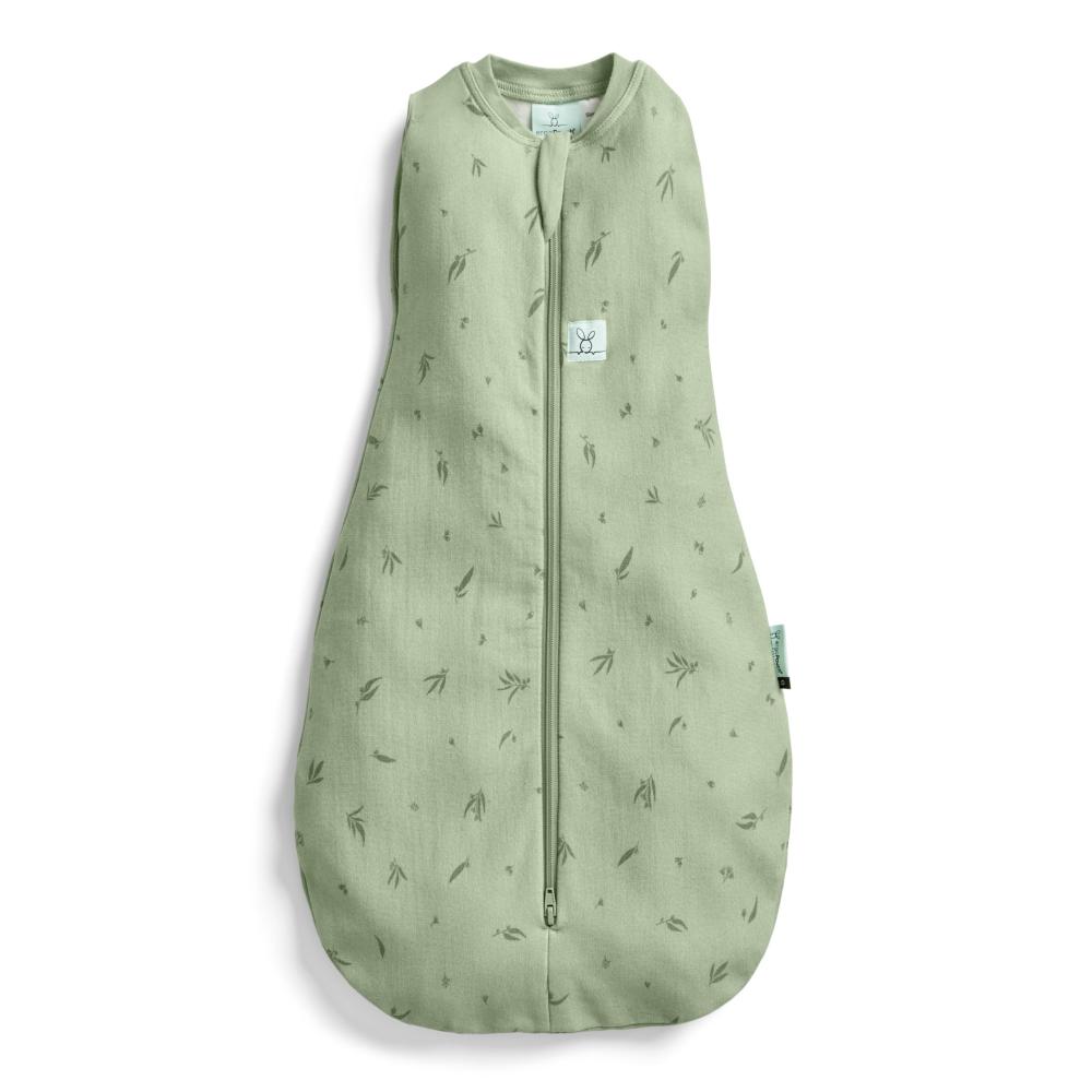 Green baby zip swaddle with leaf pattern on a white background
