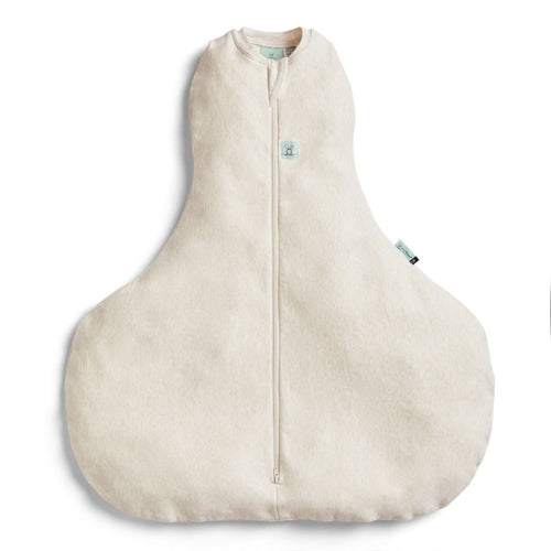 Beige baby sleeping bag for hip dysplasia with a zipper on a white background