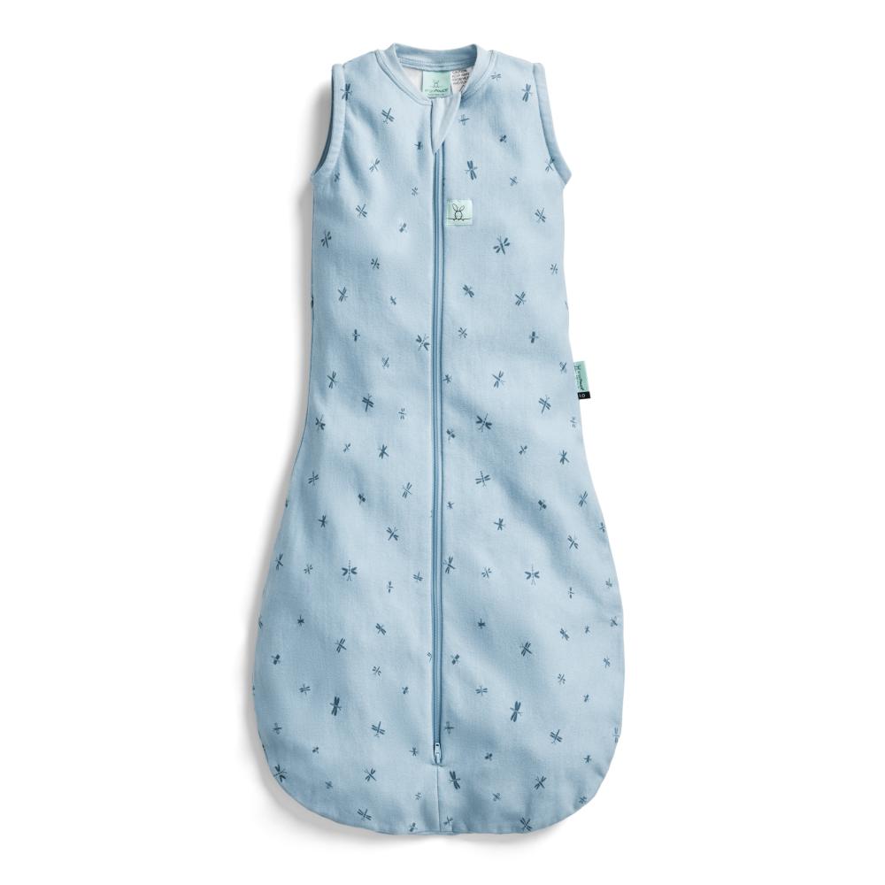 Blue baby sleeping bag with a pattern on a white background
