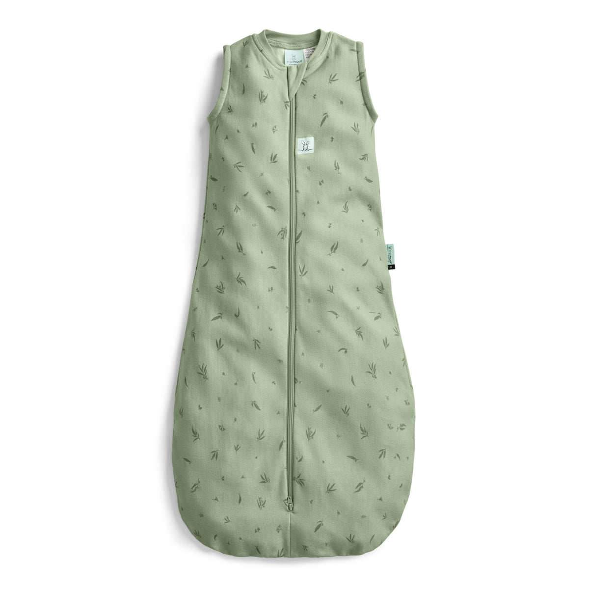 Green baby sleeping bag with plant pattern on a white background