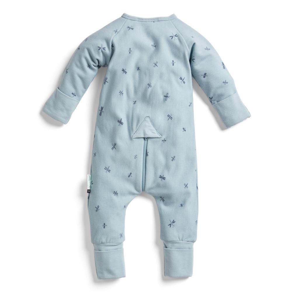 Light blue baby onesie with tree design on a white background