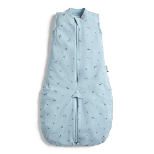 Light blue baby sleeping bag with subtle pattern on a white background