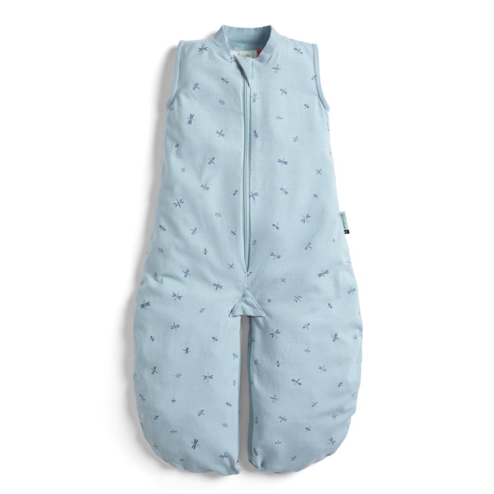 Light blue baby sleeping bag with subtle pattern on a white background