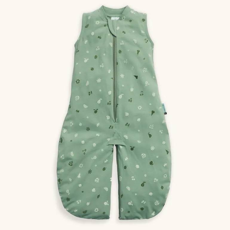 Green baby romper with floral pattern on a white background