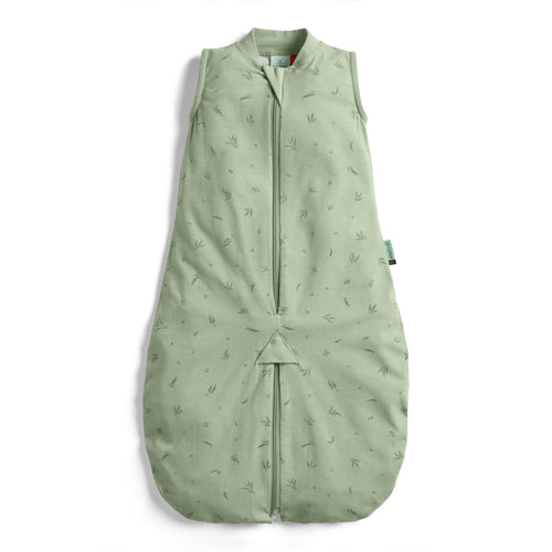 Green baby sleeping bag with subtle pattern on a white background