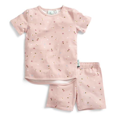 Pink children's summer pajama set with floral pattern on a white background