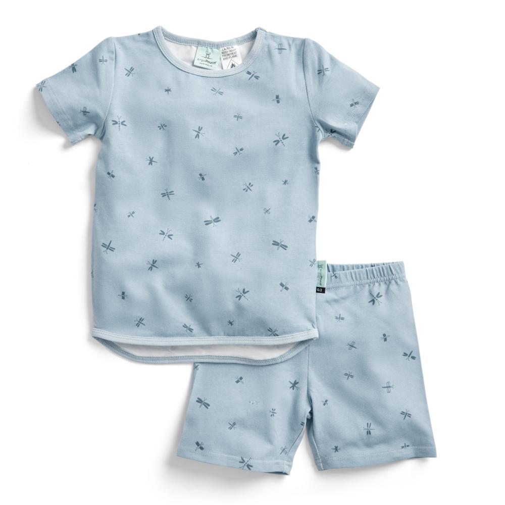 Children's blue pajama set with small patterns on a white background