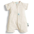 Beige baby short-sleeve onesie with a small logo on a white background