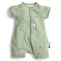 Green baby romper with short sleeves and a zipper on a white background