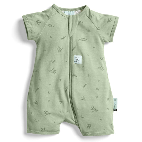 Green baby romper with short sleeves and a zipper on a white background