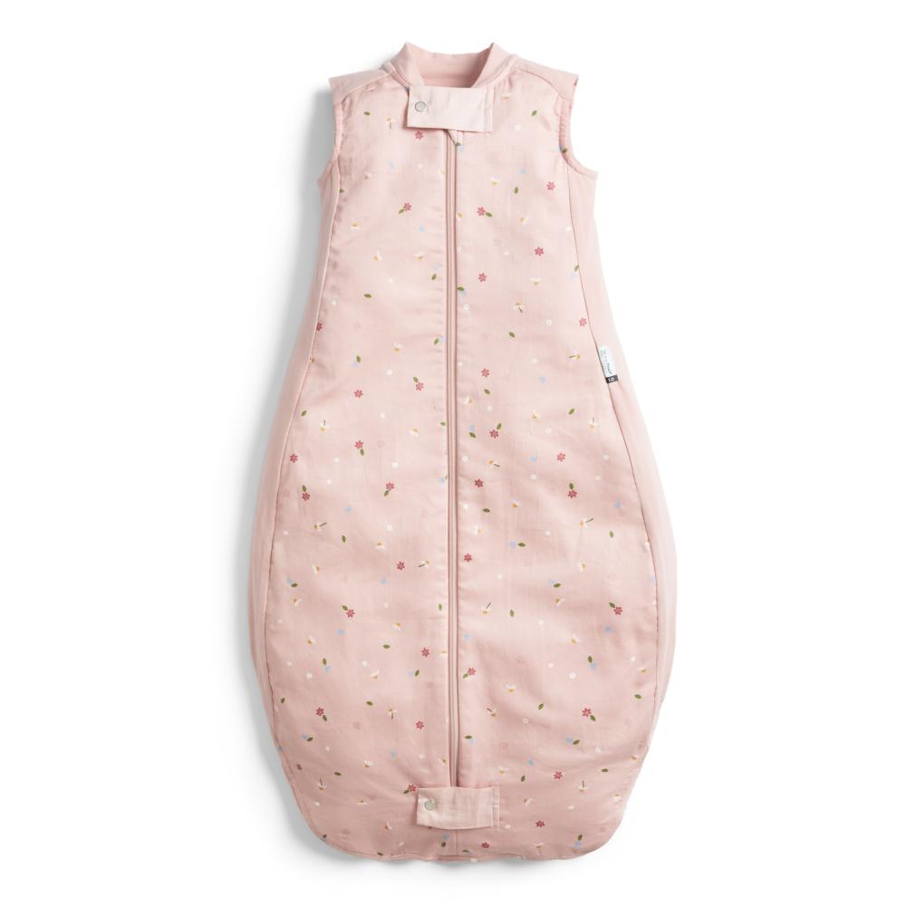 Pink baby sleeping bag with star pattern on a white background