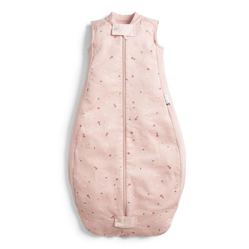 Pink baby sleeping bag with star pattern on a white background
