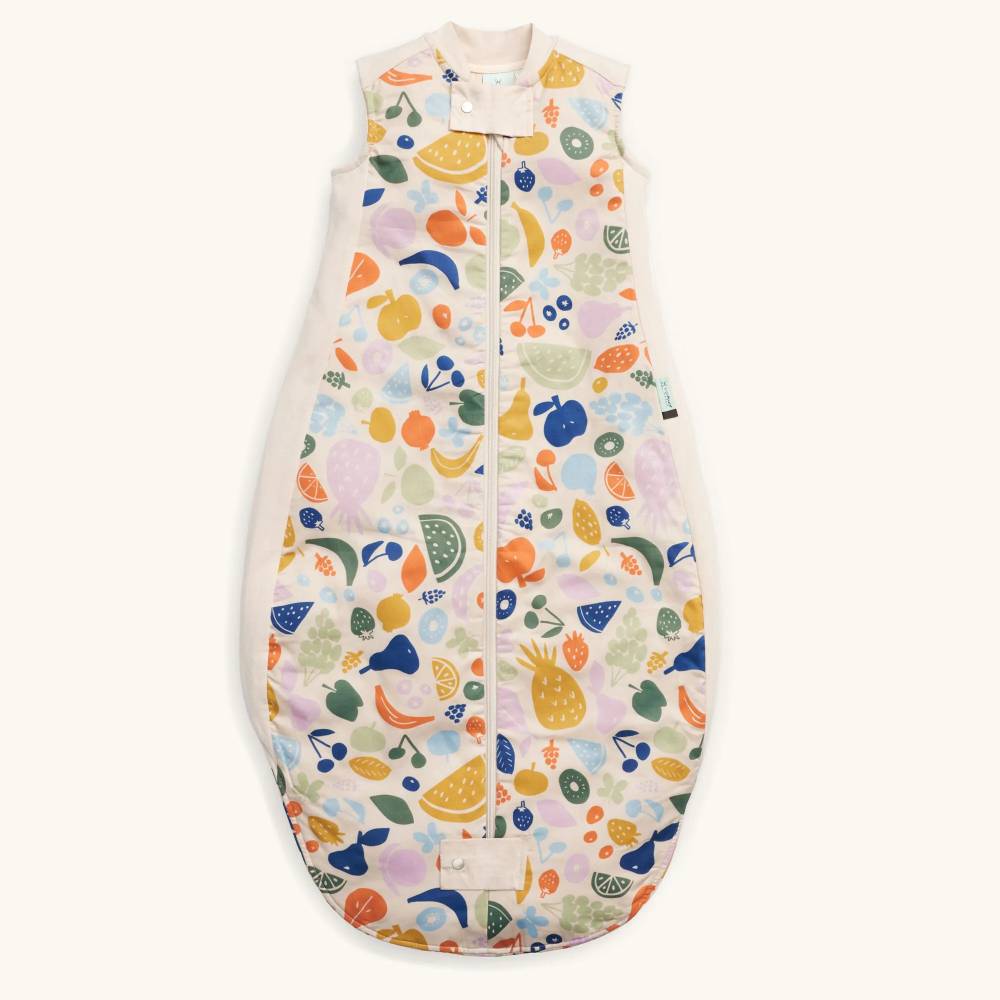Baby sleeping bag with colorful fruit pattern on a white background