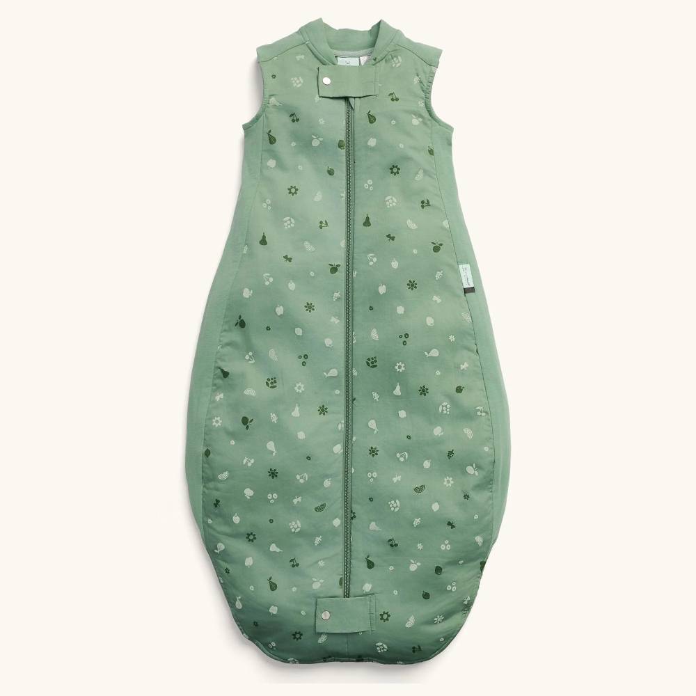 Green baby sleeping bag with floral pattern on a white background