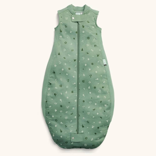 Green baby sleeping bag with floral pattern on a white background