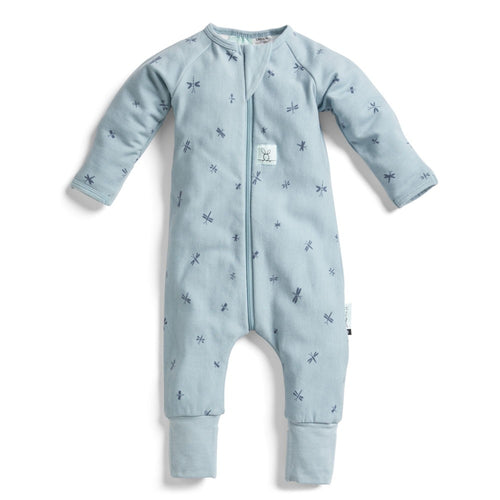 Light blue baby onesie with subtle pattern on a white background