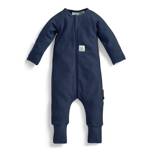 Navy blue baby onesie with a small logo on a white background