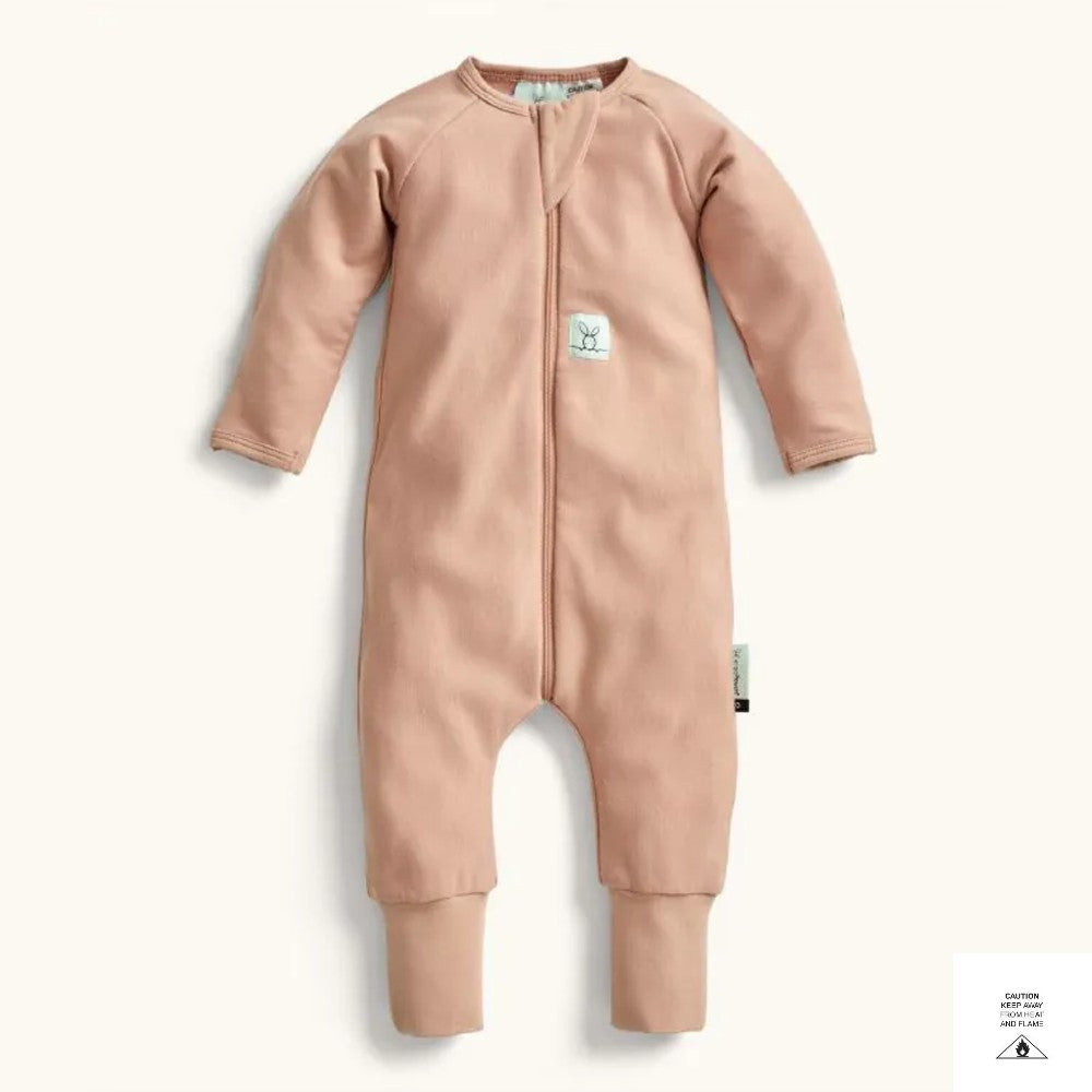 Brown baby onesie with a small logo on a white background