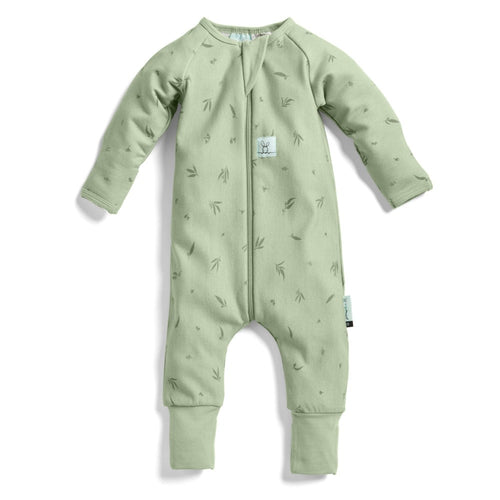 Green baby onesie with a subtle pattern on a white background