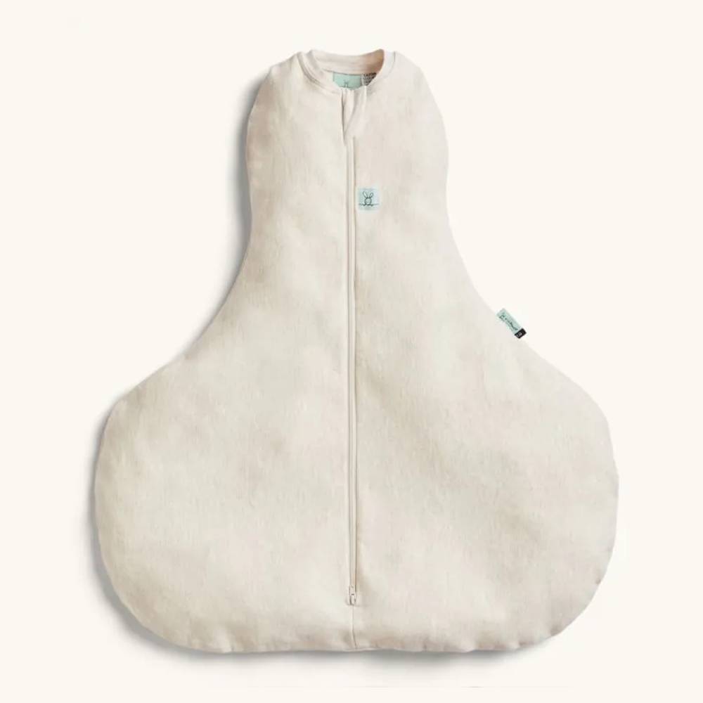 Beige hip dysplasia baby sleeping bag on a white background