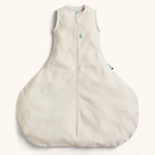 Beige hip dysplasia baby sleeping bag with a zipper on a white background