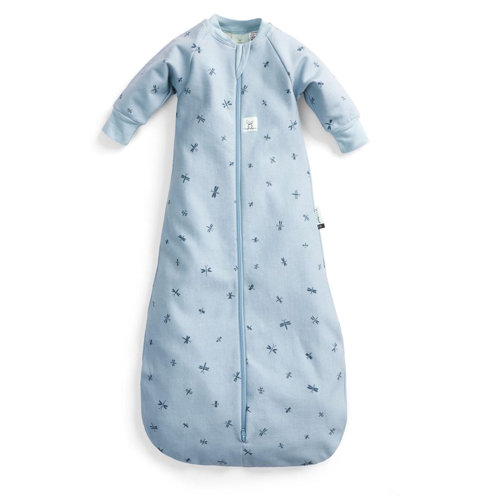 Blue baby sleeping bag with long sleeves with dragonfly pattern on a white background