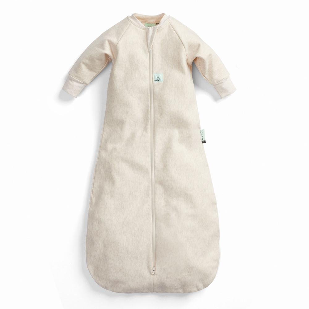 Beige baby sleeping bag with sleeves on a white background