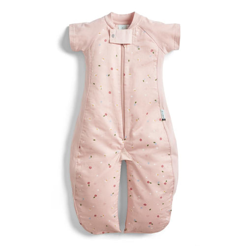 Pink baby sleeping bag with small patterns on a white background