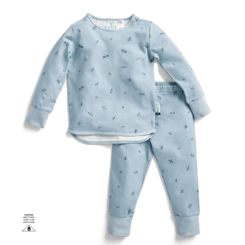 Children's blue pajama set with small patterns on a white background