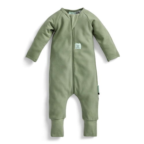 Green baby onesie with a zipper on a white background