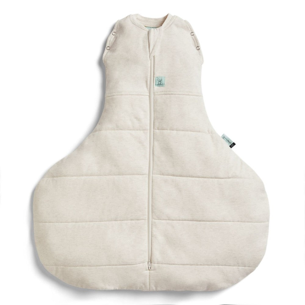 Beige baby hip dysplasia sleeping bag with a zipper on a white background