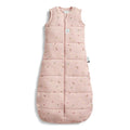 Pink baby sleeping bag with colorful patterns on a white background