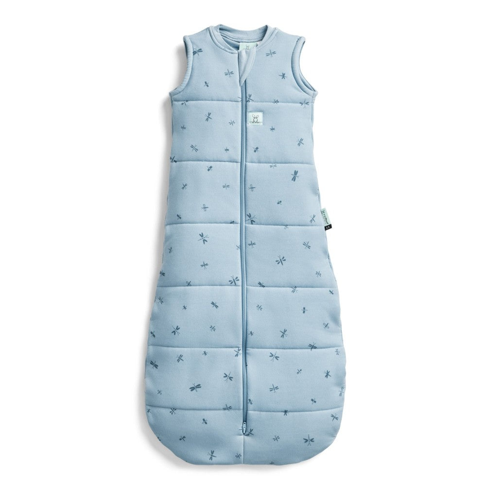 Blue baby sleeping bag with subtle pattern on a white background