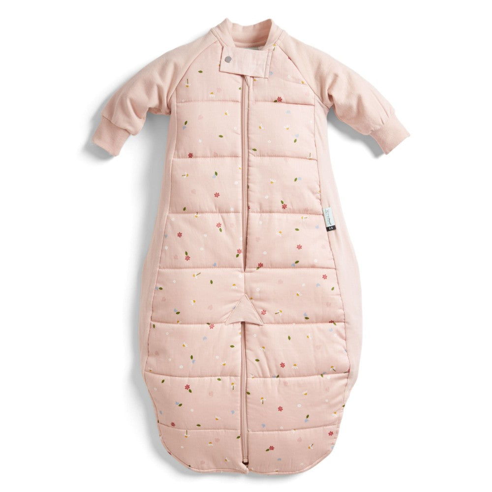 Pink baby sleeping bag with flowers on a white background