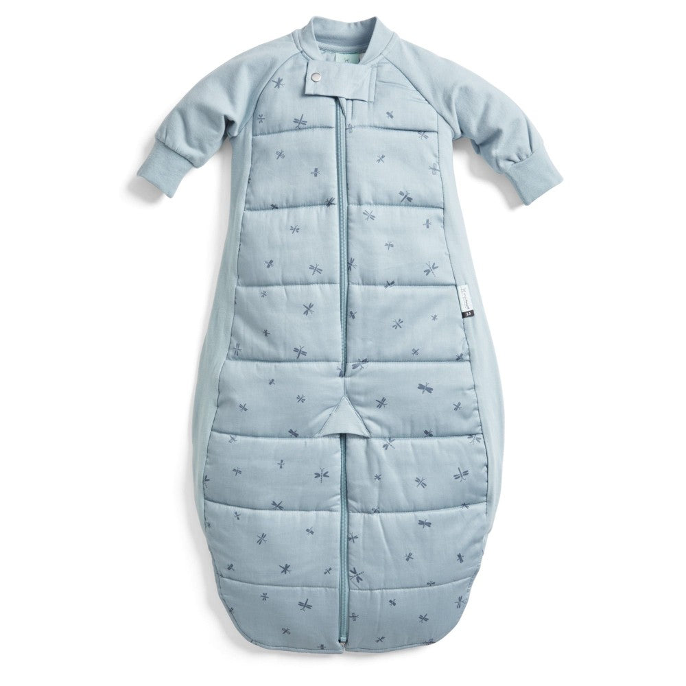 Blue baby sleeping bag with dragonflies on a white background