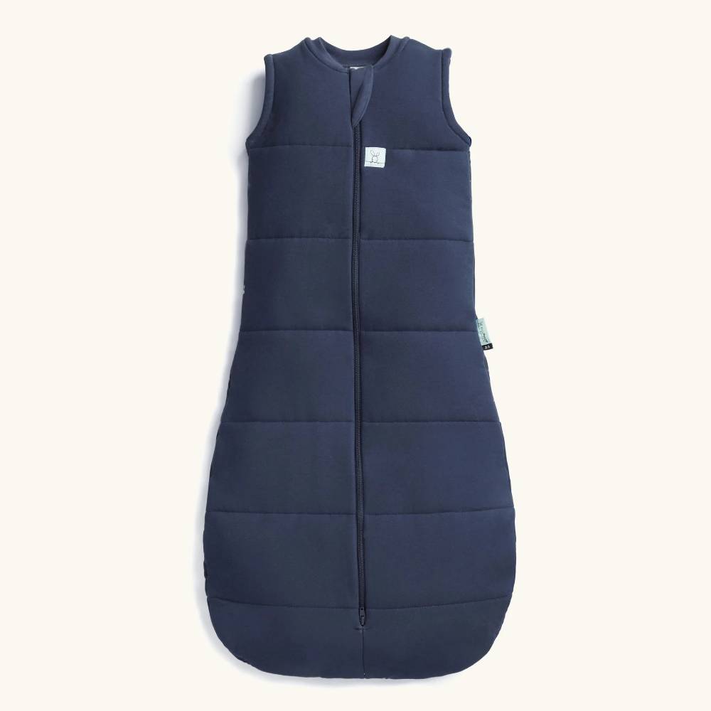 Navy blue baby sleeping bag on a white background