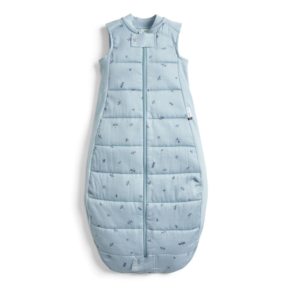 Light blue quilted baby sleeping bag with subtle pattern on a white background