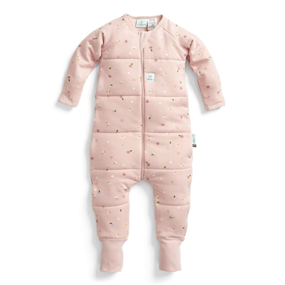 Pink baby onesie with long sleeves and legs on a white background