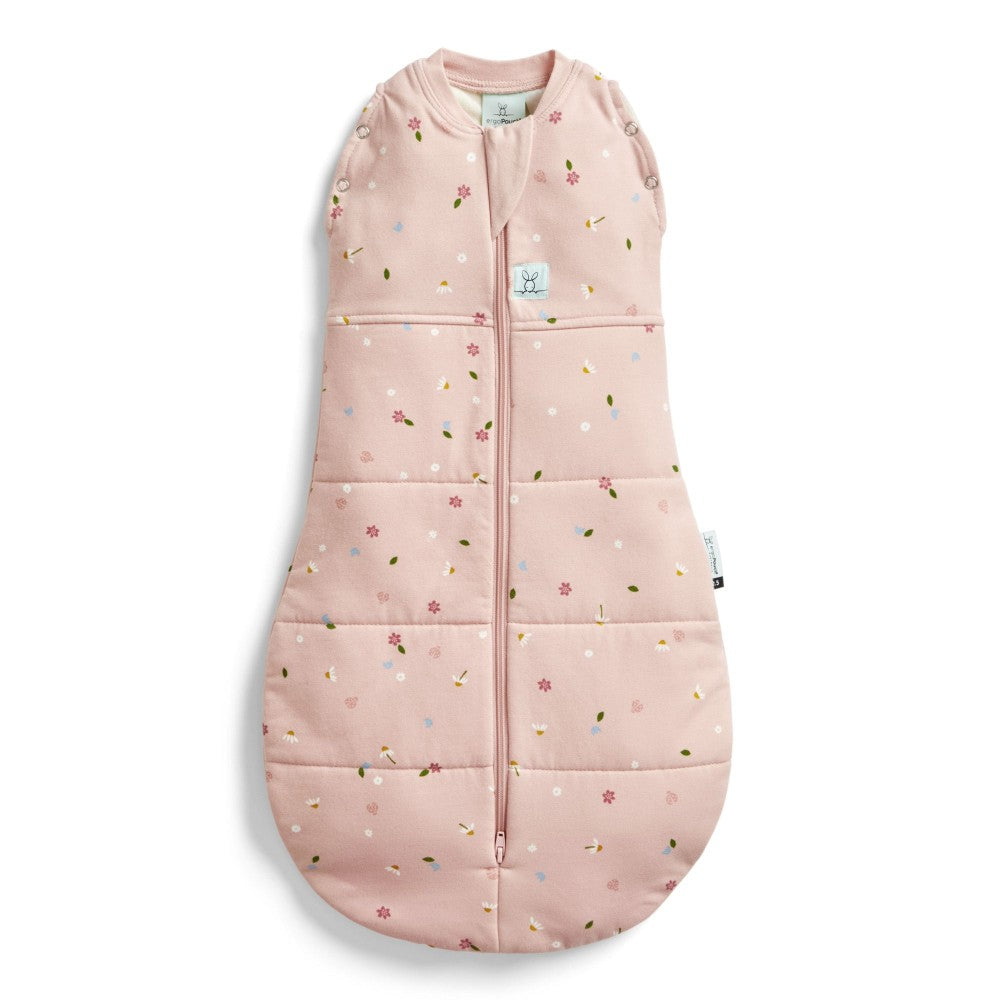 Pink baby sleeping bag with flowers on a white background