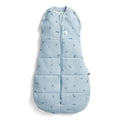 Light blue baby swaddle sleeping bag with subtle pattern on a white background