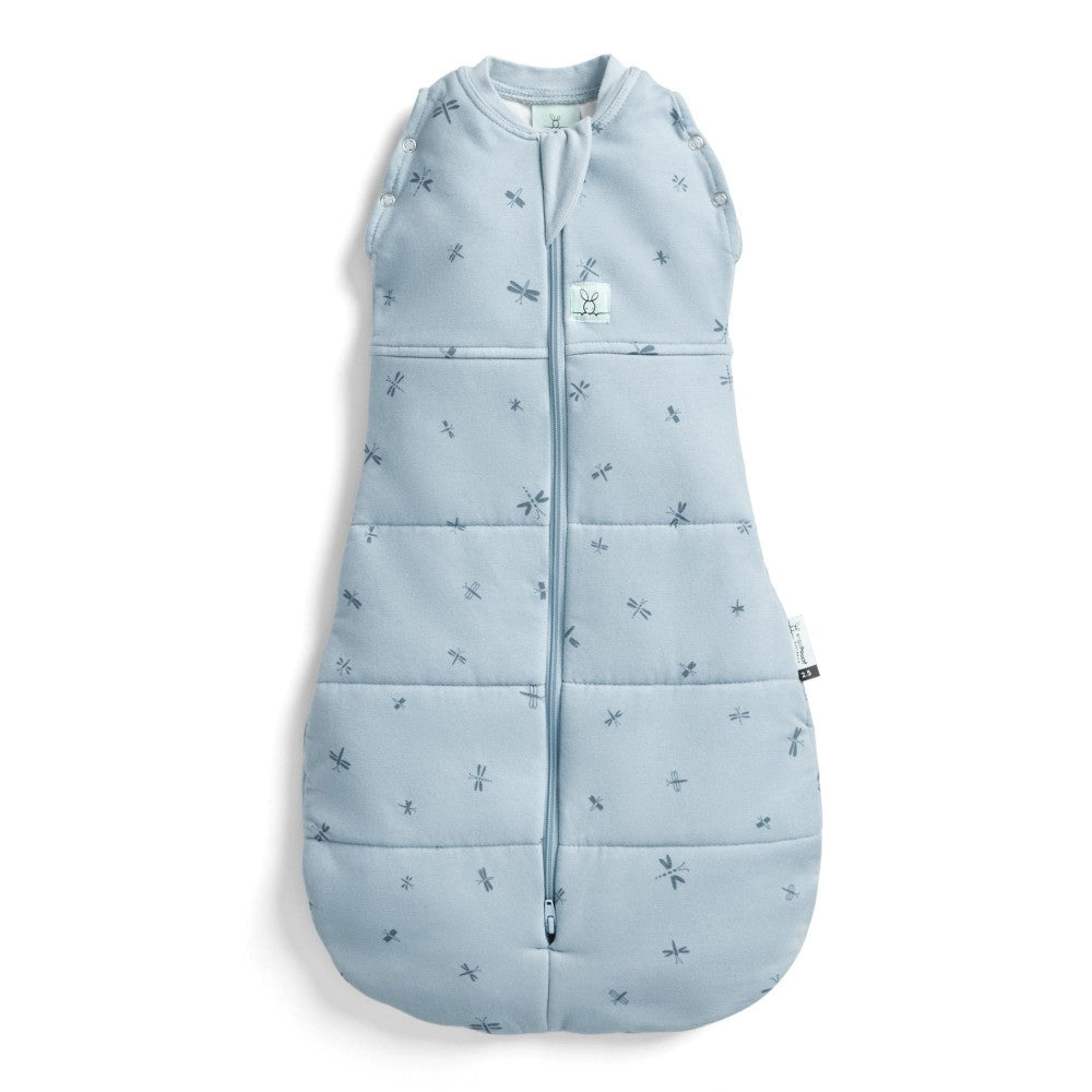 Blue baby sleeping bag with dragonflies on a white background