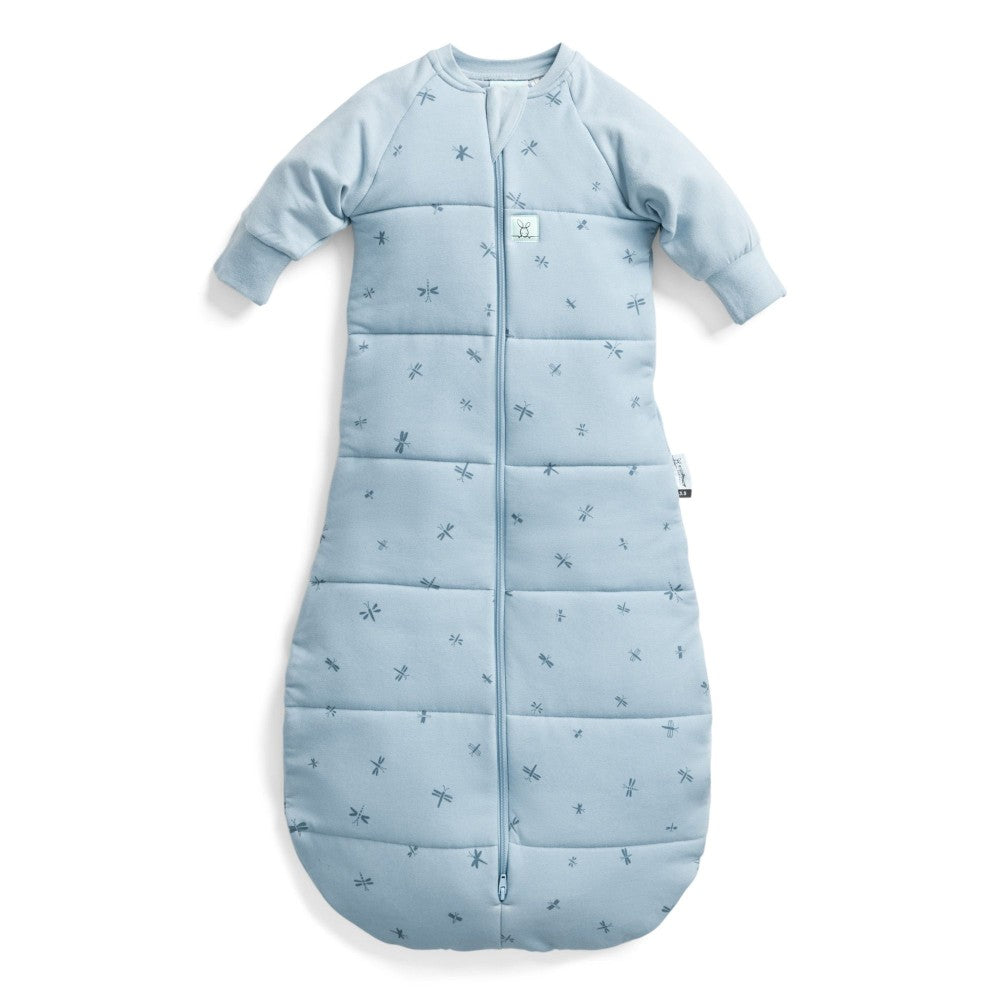 Blue baby sleeping bag with sleeves with dragonflies on a white background