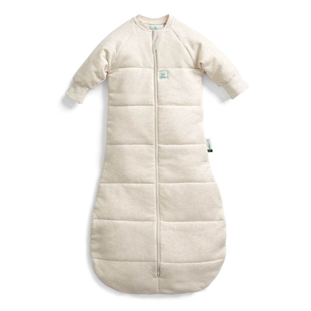 Beige baby sleeping bag with sleeves on a white background