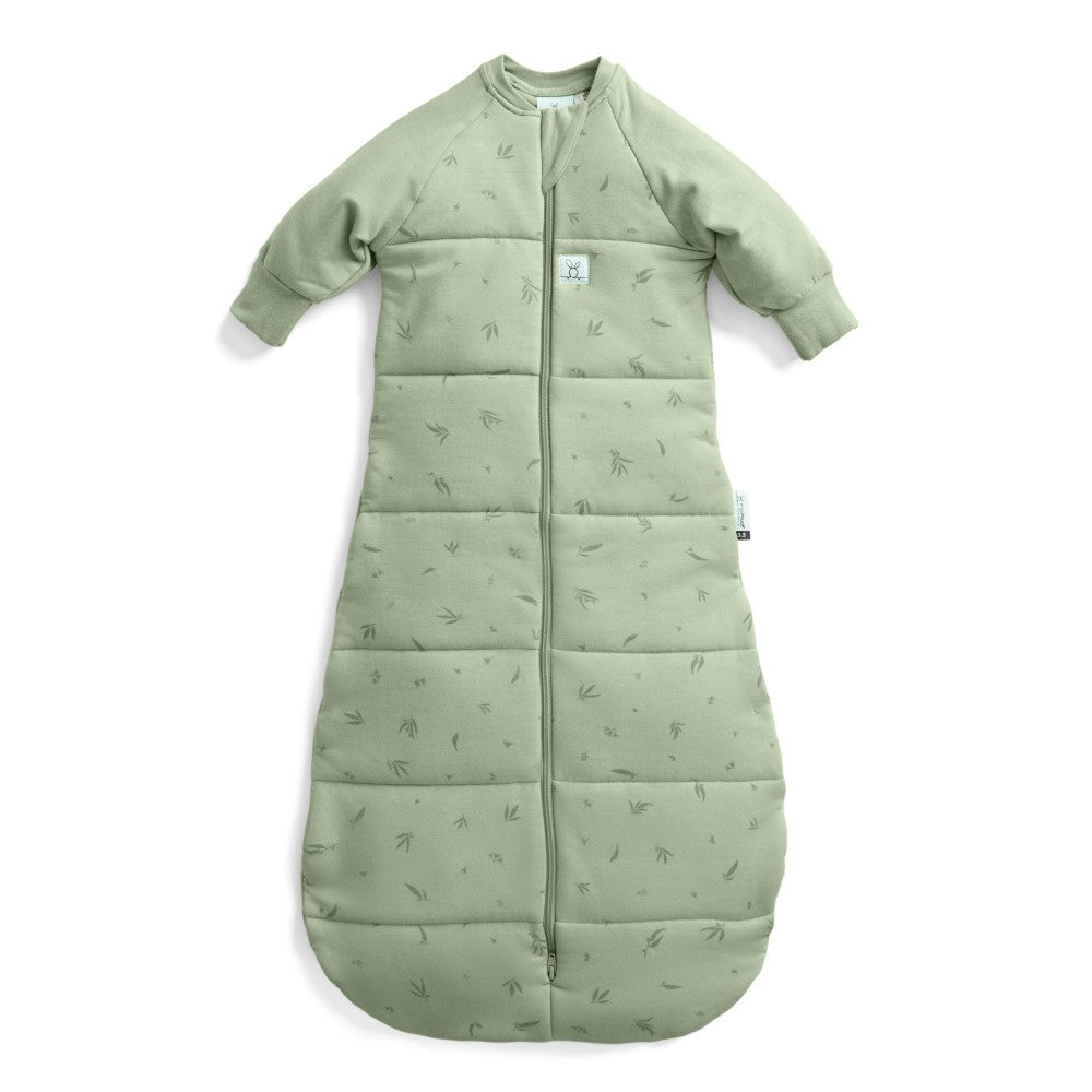 Green baby sleeping bag with sleeves on a white background