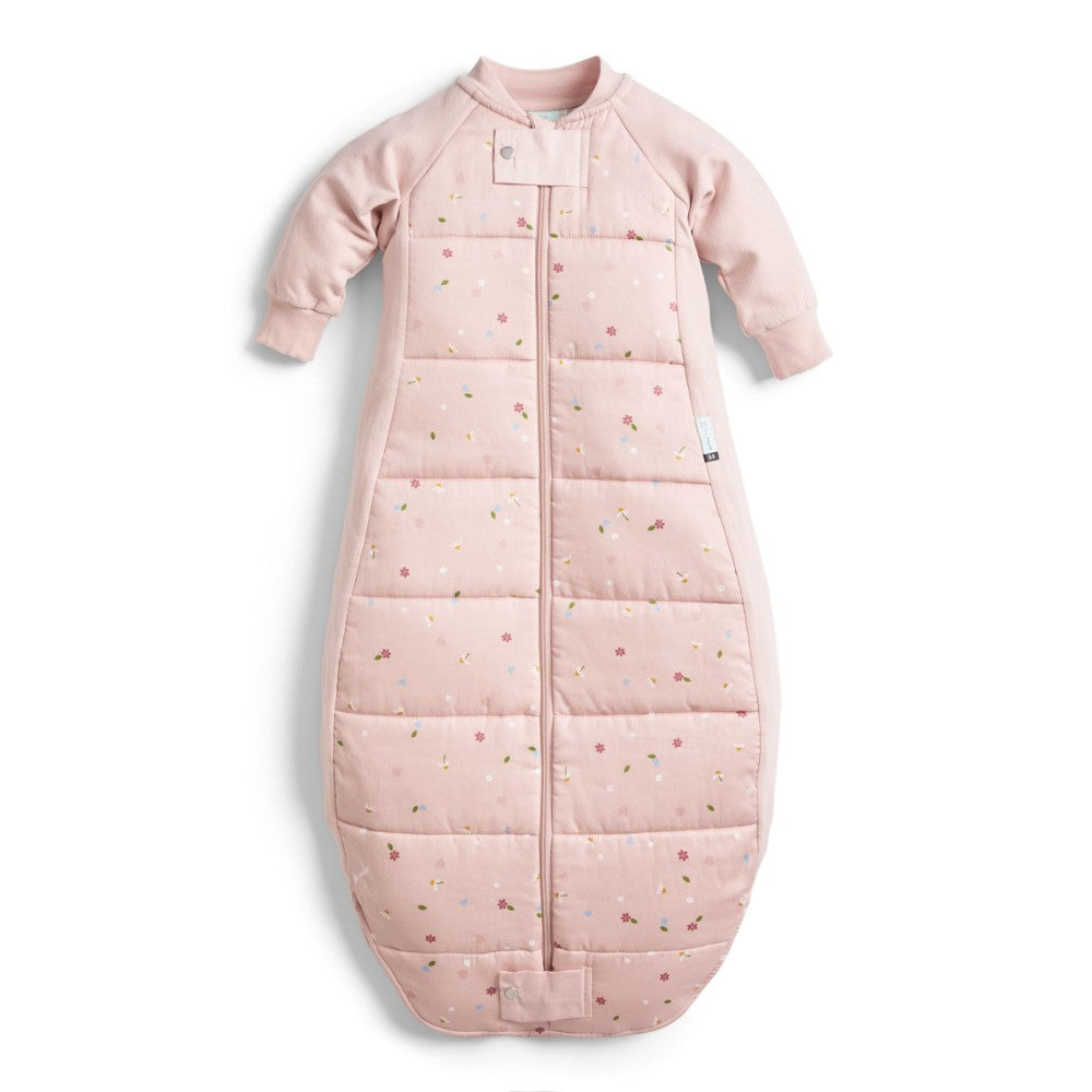 Pink baby sleeping bag with flowers on a white background