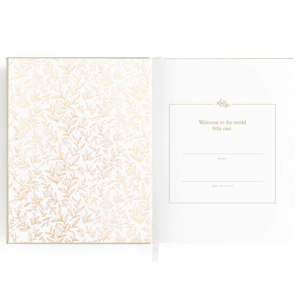 Inside pages of Fox & Fallow Baby Book - Sage Stripe.