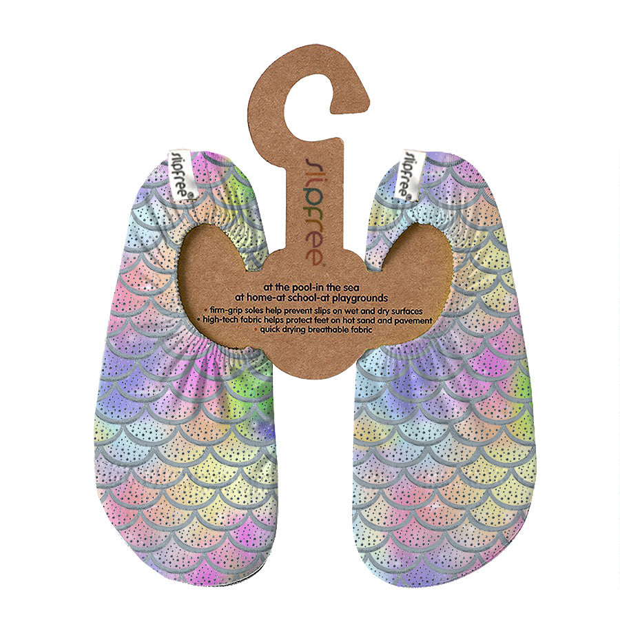 Colorful metallic mermaid patterned water shoes on a hanger with slipfree branding.