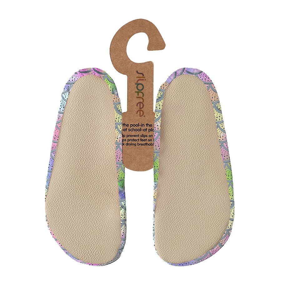 Pair of beige shoe inserts with colorful edges and a wooden hanger on a white background