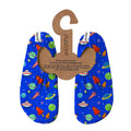 Blue children's slipfree water shoes with space-themed pattern on a hanger against a white background